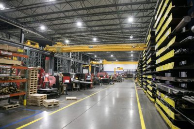 warehouse with crane and racking system